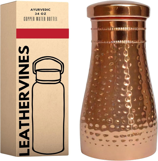 Pure Copper Water Drinking Bottle with Sipper - Copper Hammered Ayurvedic Vessel For Drinking - Drink More Water, Reduce Sugar Intake - Ayurveda Health Benefits - 34 Oz (Loose Lid)