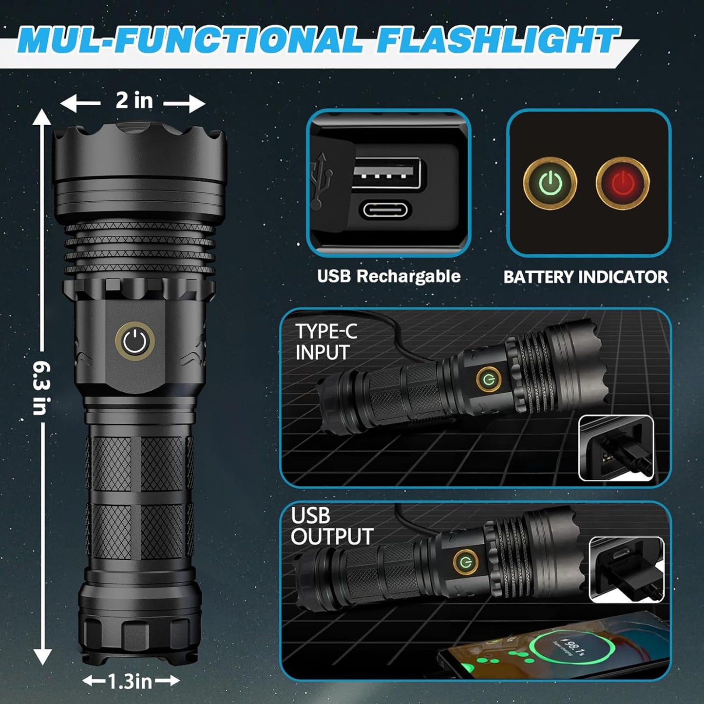 ASORT LED Torch Rechargeable Flashlight with High Lumens, 30000 Lumen Super Bright Torch, Powerful Zoomable IP67 Waterproof, Powerful Handheld Tactical Flashlight for Emergency Camping Hiking Gift
