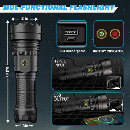 ASORT LED Torch Rechargeable Flashlight with High Lumens, 30000 Lumen Super Bright Torch, Powerful Zoomable IP67 Waterproof, Powerful Handheld Tactical Flashlight for Emergency Camping Hiking Gift
