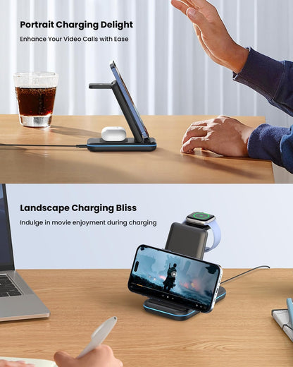 GEEKERA 3 in 1 Wireless Charging Station, Foldable Wireless Charger Stand for Multiple Apple Devices for iPhone 16 15 14 13 12 11 Pro Max Plus XR X, Apple Watch Ultra/9/SE/8/7/6/5/4/3/2, AirPods Pro/3