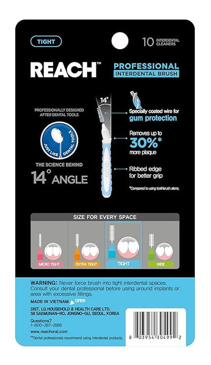 Reach Interdental Brush Cleaners, 1mm, Tight, Sensitive Gum Protection, Plaque Remover for Teeth, Braces Flossers, Braces Brush, Dental Toothbrushes, Oral Care, 6 Pack, 10 Count