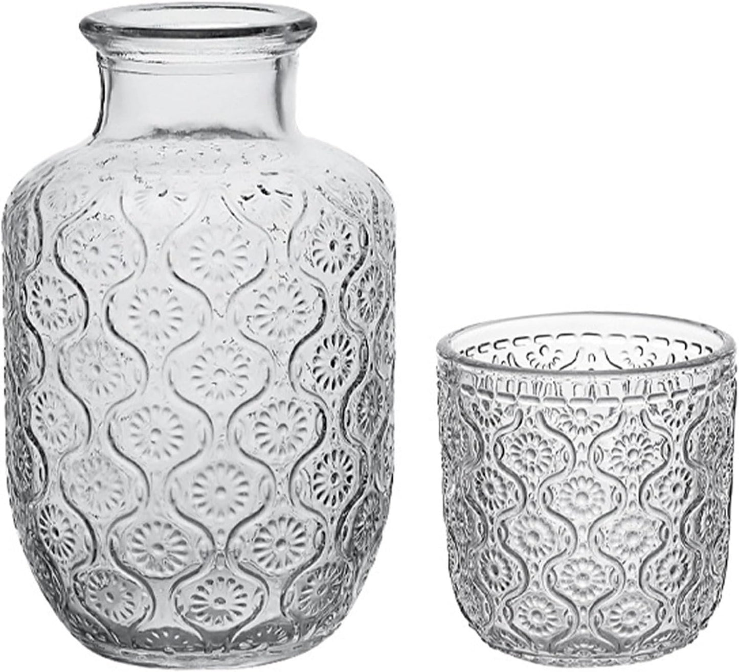 Bedside Water Carafe Set, Crystal Glass Pitcher and Drinking Cup Lid Bathroom Mouthwash Carafe for Guest Room,Bedroom,Night Drinking,Gift (Transparent)