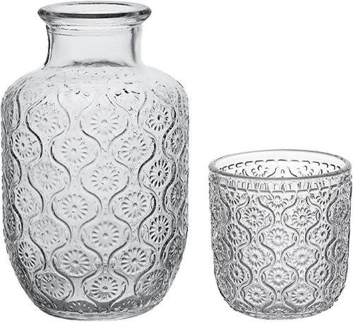 Bedside Water Carafe Set, Crystal Glass Pitcher and Drinking Cup Lid Bathroom Mouthwash Carafe for Guest Room,Bedroom,Night Drinking,Gift (Transparent)