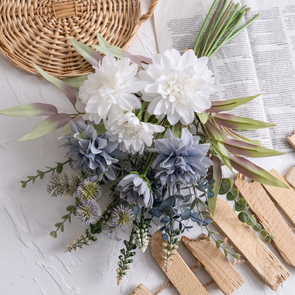Avoik Artificial Flowers Bouquet Fake Flowers Blue Faux Summer Flowers Bunches Spring Silk Flowers for Wedding Bridesmaid Bunches Party Home Coffee House Office Vase Christmas Decor