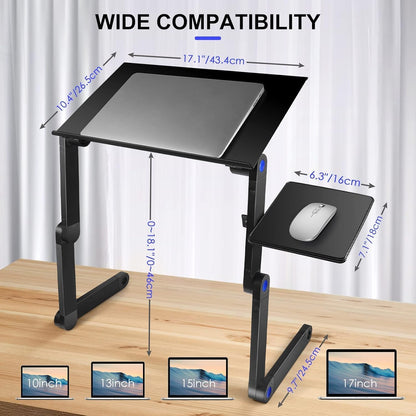 Desk Stand Table with Cooling Fan, Foldable Adjustable Aluminum Portable Laptop Stand Work Study Tv Bed Lap Tray Flexible Portable Reading Holder with CPU Fans Side-Mount Mouse Pad (Black)