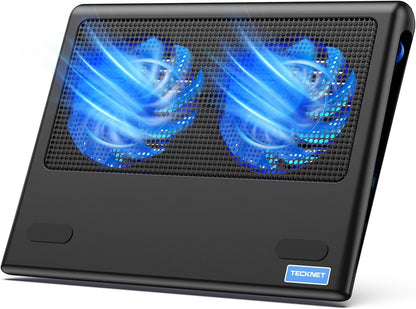 TECKNET Cooling Pad for 12"-15.6" Laptops, Gaming Stand With Adjustable Wind Speed, 2 USB Powered Fans for Devices Up to 16 Inch (Blue)