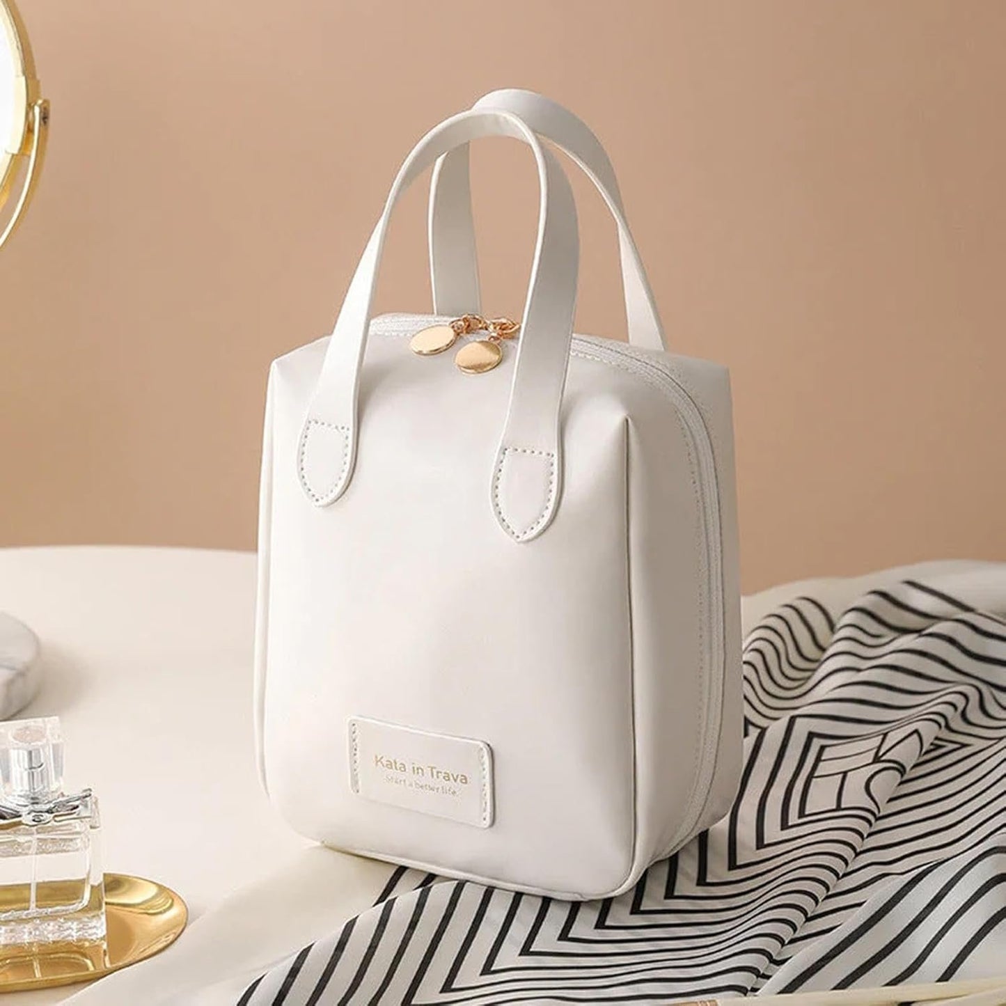 Toiletry Bag | Toiletry Bag for Women | Large PU Leather Organizer - Toiletry Bag with 2 Compartments and 6 Pockets - Water-Resistant Portable Hygiene Bag for Makeup - Travel Companion, White