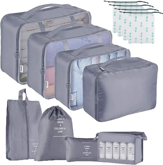 Jikekiroto 12-Piece Travel Organizer Suitcase Set Luggage Packing Set Travel Cubes Packing Organizers Sacks Storage Suitcase Set (Grey)