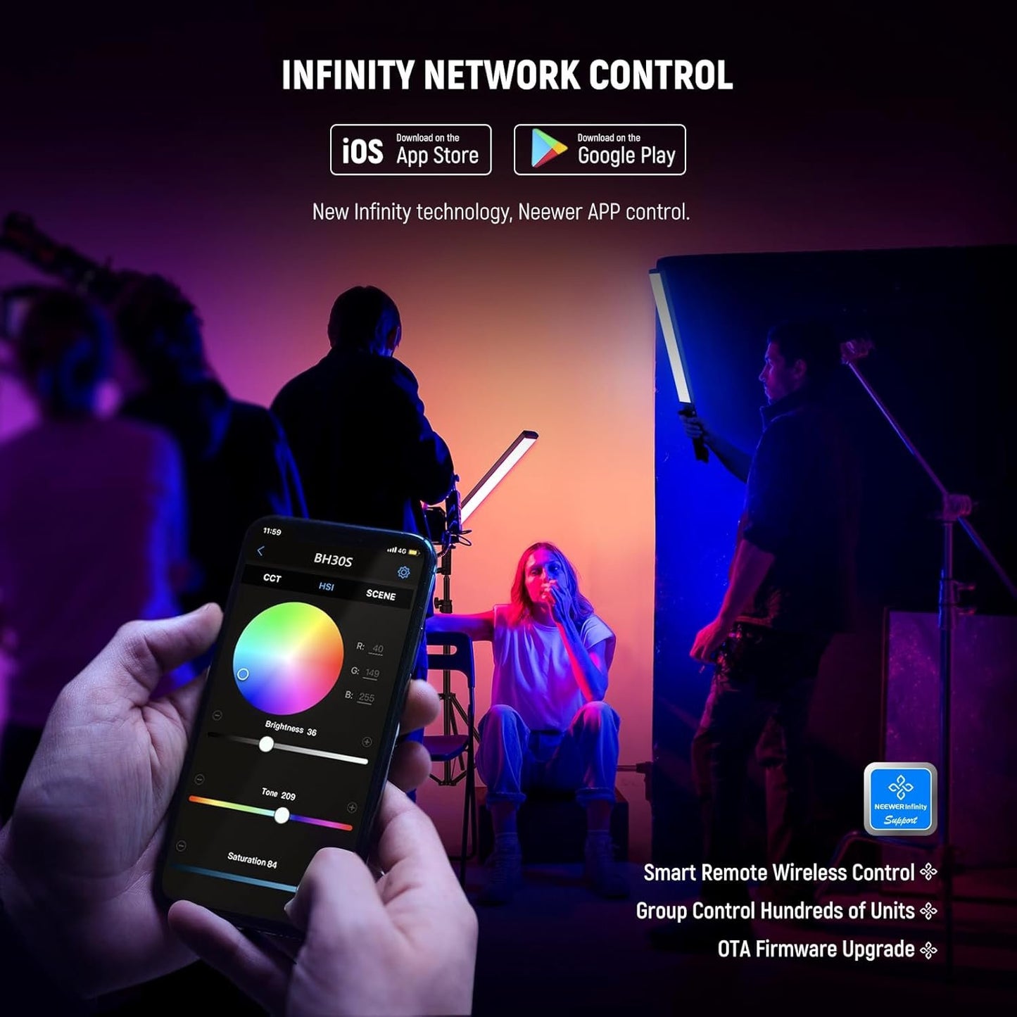 NEEWER RGB Light Wand with 2.4G/APP Control, Upgraded 360Â° Touchable RGBWW Hue Mixer Photography Handheld LED Video Lighting Stick with 2500K-10000K, CRI/TLCI97+, 18 Scenes, 7.4V/31Wh Battery, BH-30S