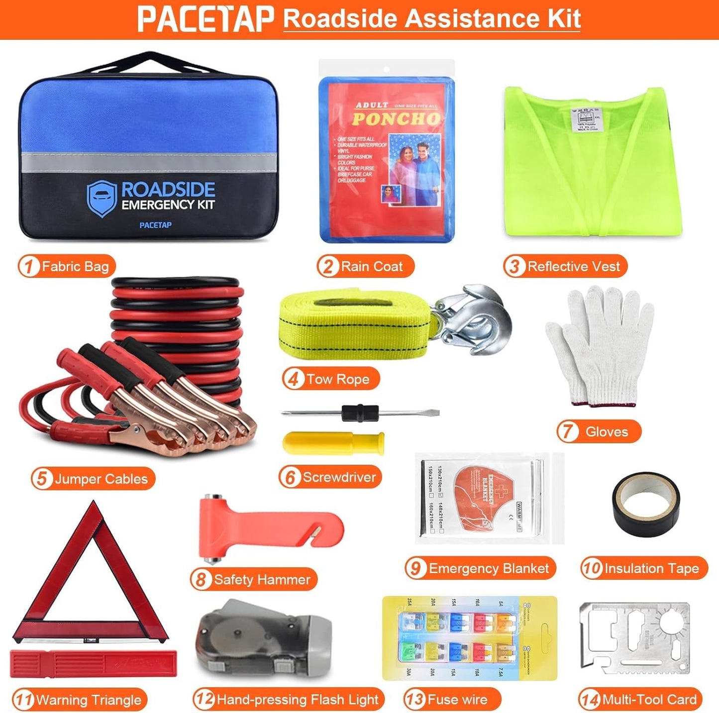 PACETAP Car Roadside Emergency Kit, Essential Auto Safety Road Side Assistance Tool Kit with Jumper Cables, Rain Coat, Tow Strap, Triangle and More Winter Vehicle Accessories