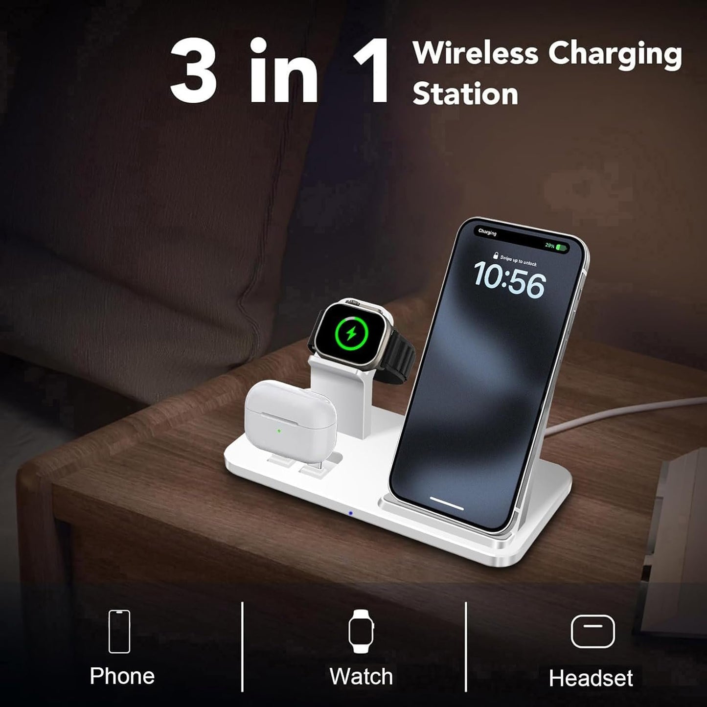Wireless Charging Station 3 in 1 Wireless Charger for iPhone 16 15 14 13 12 11 Pro Max, Magnetic Charger Compatible with Apple Watch 10/Ultra 2/9/8/7/SE/6/5/4/3/2,Charging Dock for Airpods4/Pro/3/2