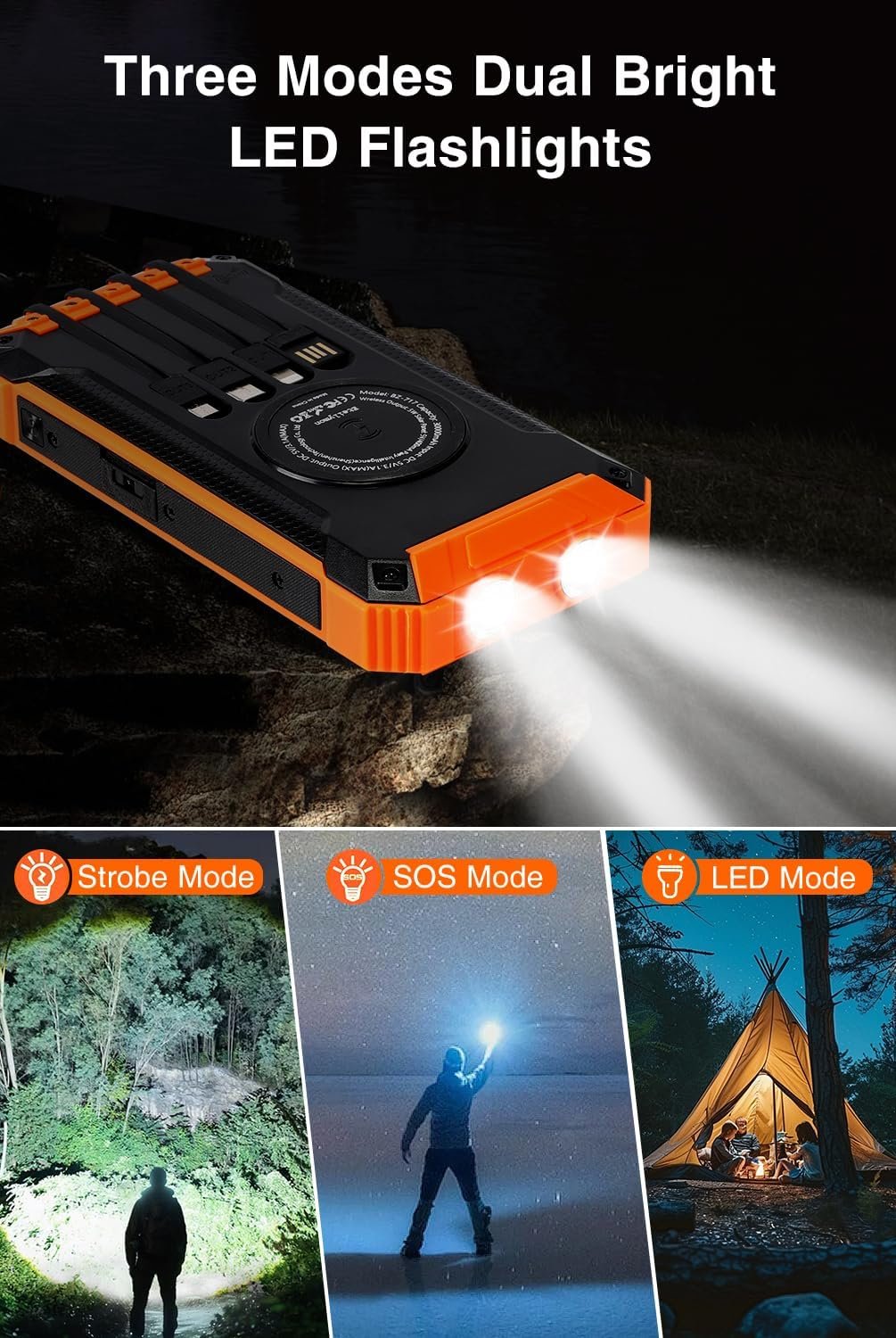Power Bank, Solar Charger, 48800mAh Wireless Charger Built in 4 Cables Six Outputs 15W Fast Charging Battery Pack for All Mobile Devices Three Inputs Portable Charger with 2 LED Flashlights