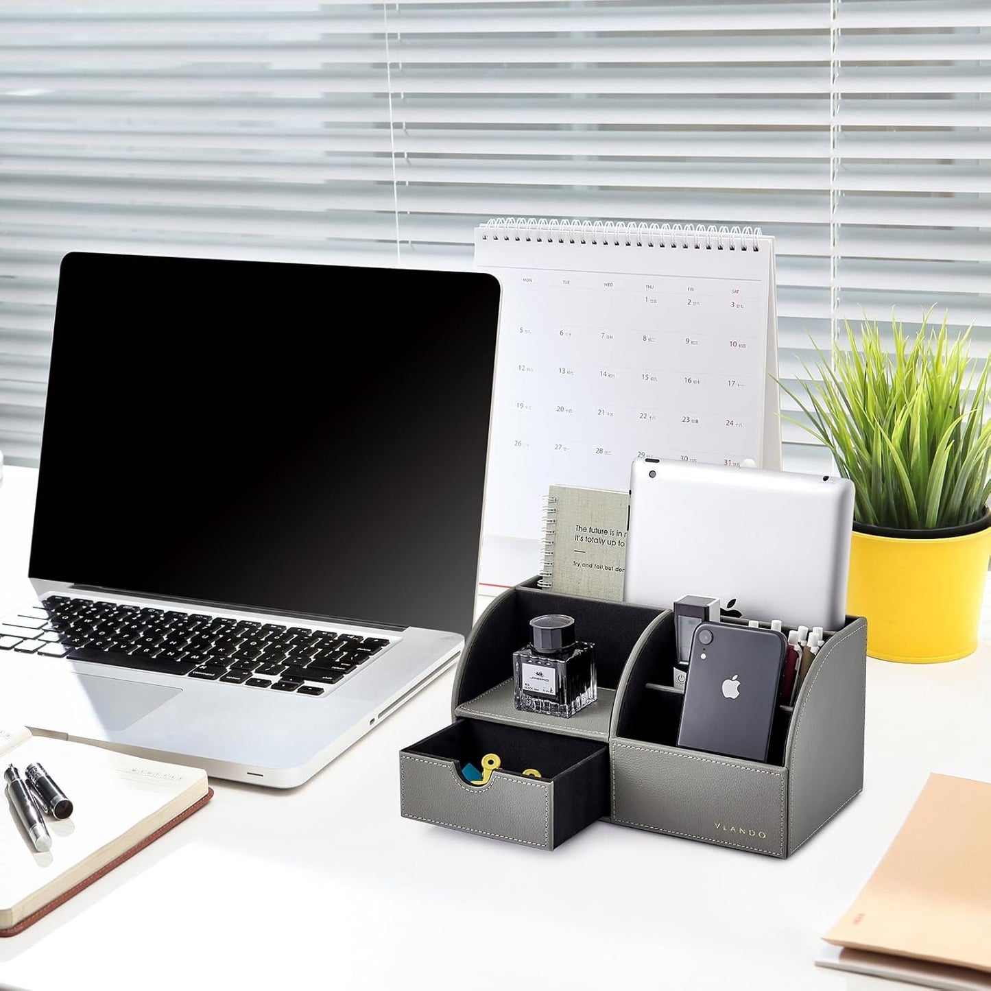 Vlando Professional Desk Organizer with Drawer, Office Supplies, 5 Compartment Desktop Storage Holder, Gray
