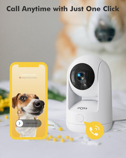 Dzees Pet Camera Indoor Security Camera No Subscription, 2K 360Â° WiFi Camera, Wired Dog Pet Camera with Phone App, MagicPix Night Vision, Calls, 2-Way Audio, 24/7, Motion Tracking, Privacy, 2.4Ghz