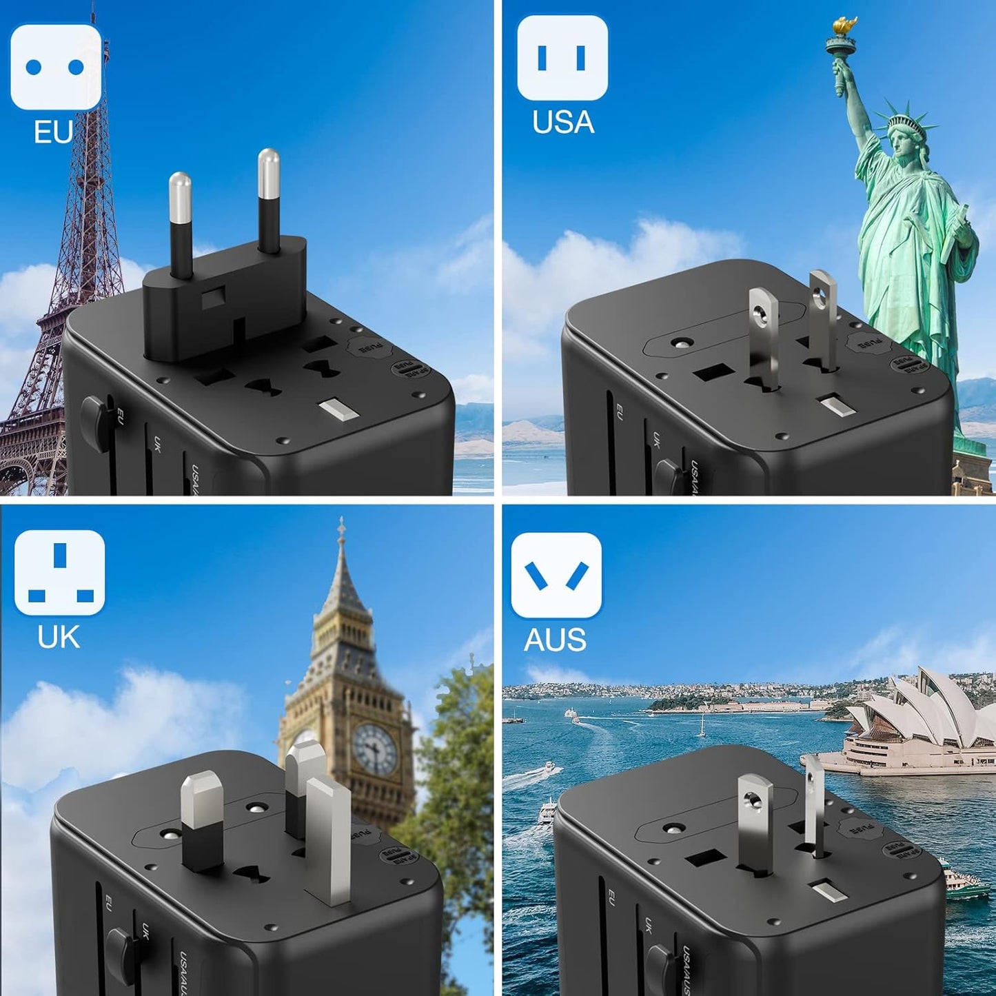 Universal Travel Adapter, TESSAN Universal Travel Socket with 2 USB A and 3 USB C, International Plug Adapter for Italy UK USA Japanese Australia, Black