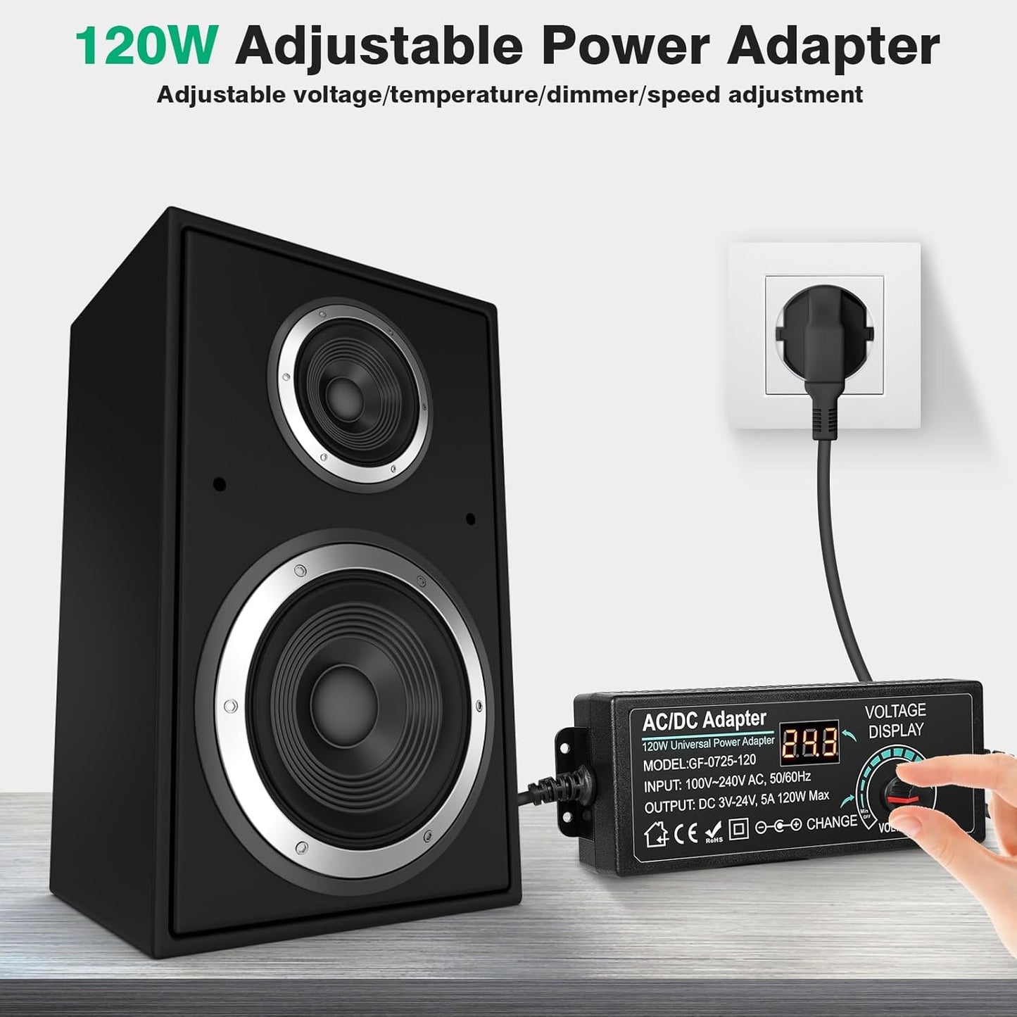 Jadeshay Adjustable Power Adapter 3 V-24 V 5 A 120 W Universal Adapter 100 V-240 V AC to DC with LED Display, Power Adapter Converter for Home Electronics