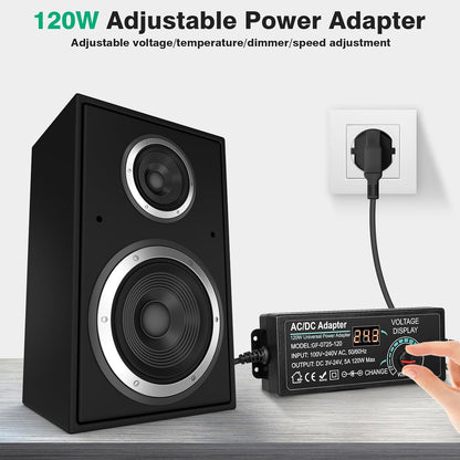 Jadeshay Adjustable Power Adapter 3 V-24 V 5 A 120 W Universal Adapter 100 V-240 V AC to DC with LED Display, Power Adapter Converter for Home Electronics