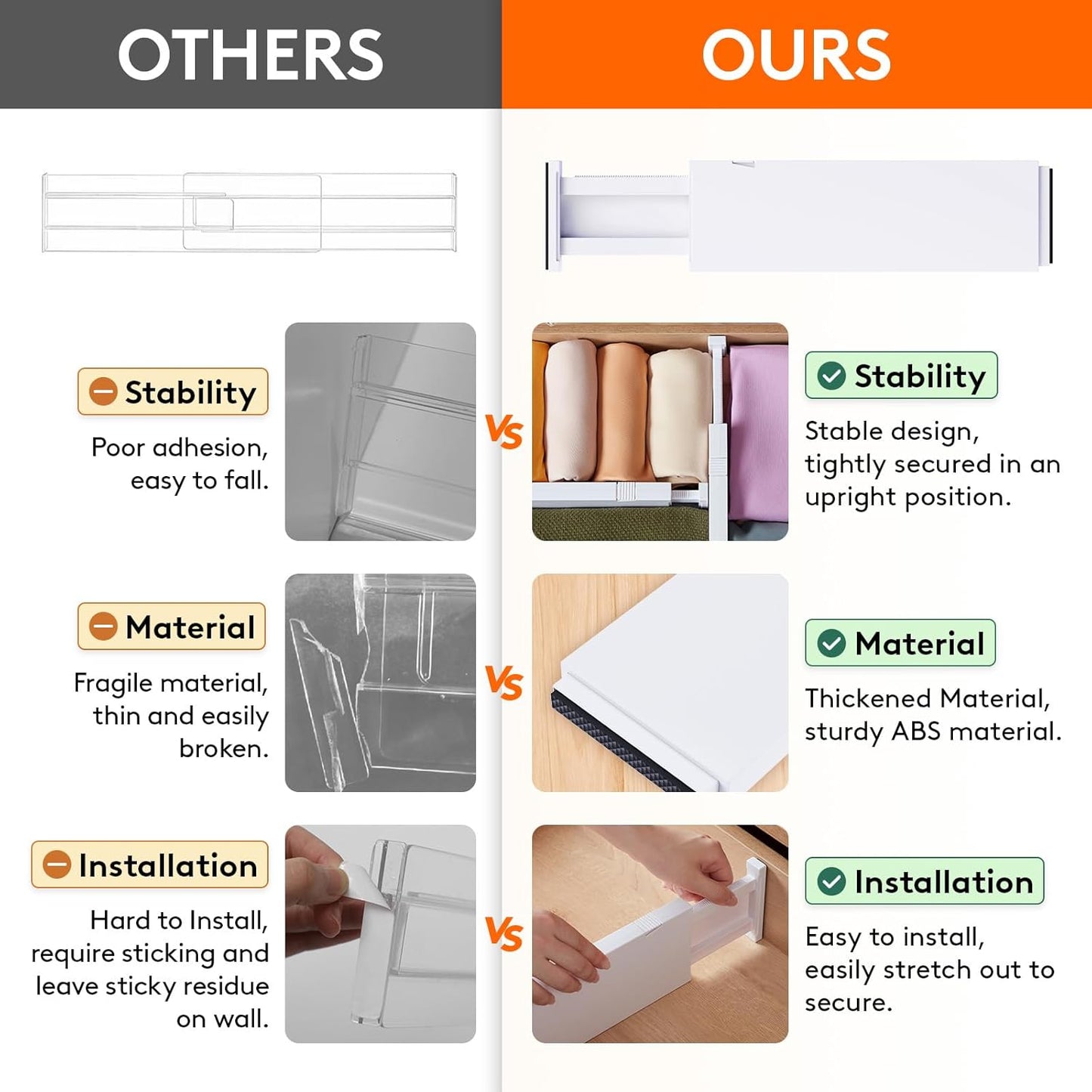 Lifewit 8 Pack Drawer Dividers 4" High,11-17" Adjustable Dresser Drawer Organizers for Clothes, Expandable Dresser Separators in Bedroom/Bathroom/Kitchen/Vanity/Office Organization and Storage, White