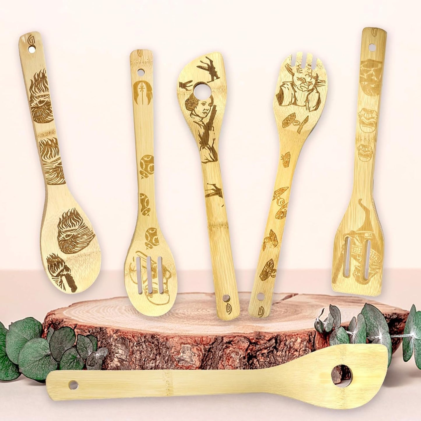 Utensils Set with Burnt Wooden Spoons Anime, Anime Wooden Spoons, 5 Pcs Anime Gadgets Non-Stick Bamboo Cookware Set, Gifts for Housewarming and Weddings