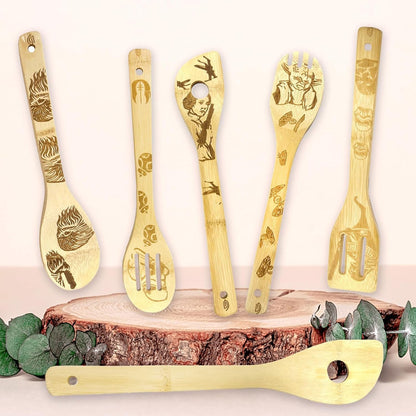 Utensils Set with Burnt Wooden Spoons Anime, Anime Wooden Spoons, 5 Pcs Anime Gadgets Non-Stick Bamboo Cookware Set, Gifts for Housewarming and Weddings