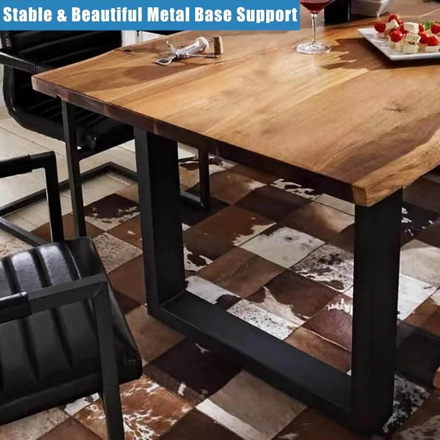 Industrial Solid Wood Dining Table,Rectangle Live Edge Kitchen Table,Rustic Pine Table Top & Metal Base,Large Long Rustic Dining Table for 2,4,6,8(47.2" L x 23.6" W x 29.5" H)