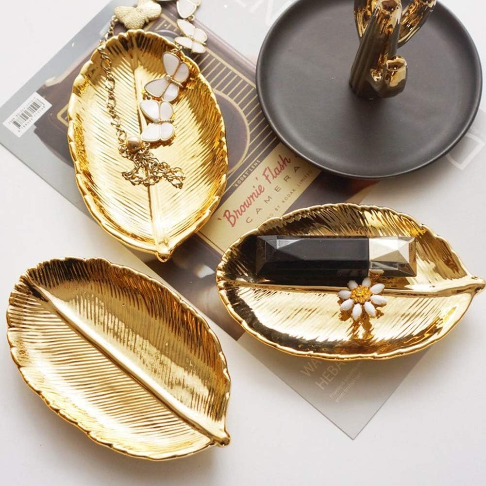 LEPENDOR Ceramic Jewellery Tray Jewelry Display Ring Plate Organizer for Keys Phone Jewelry Watch Wallet Trinket (Gold Leaf)