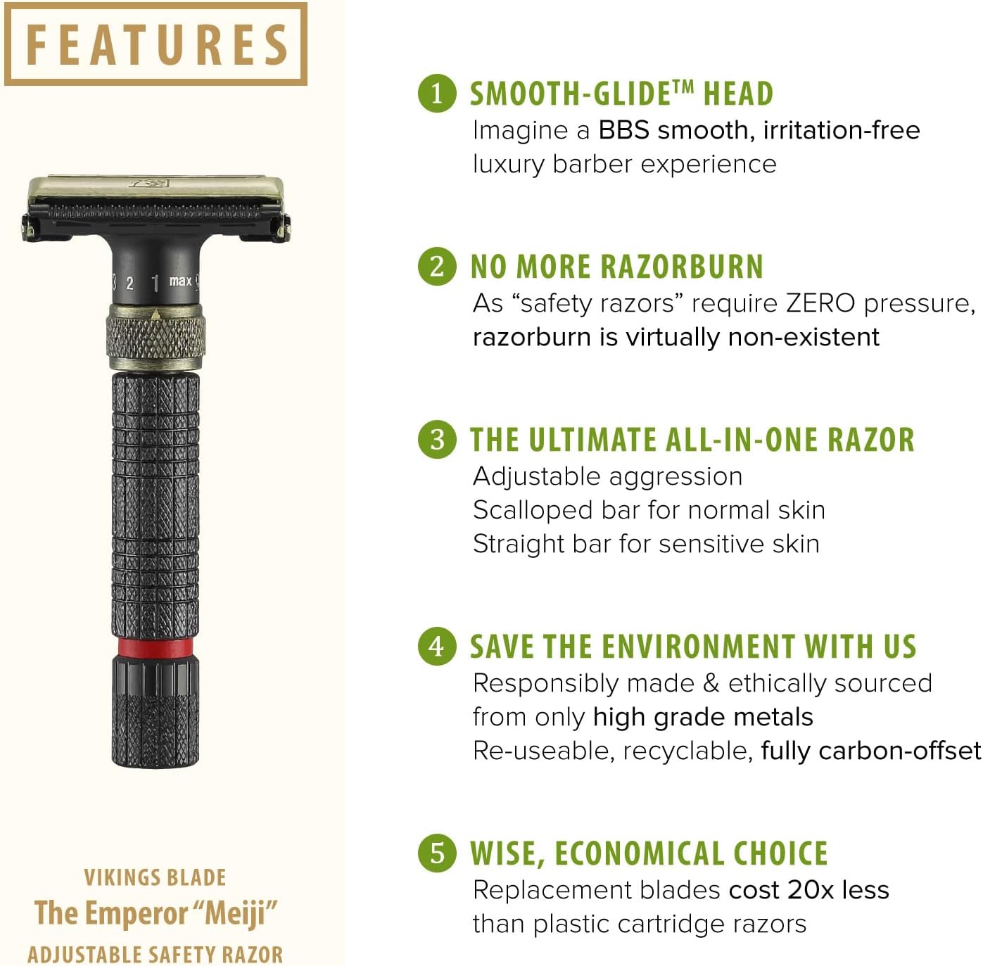 VIKINGS BLADE Adjustable Double Edge Safety Razor, The Emperor MEIJI by , Short & Fat Handle, Solid Brass, Butterfly Twist-To-Open, Eco Friendly, Luxury Case. Smooth, Close, Clean Shaving Razor