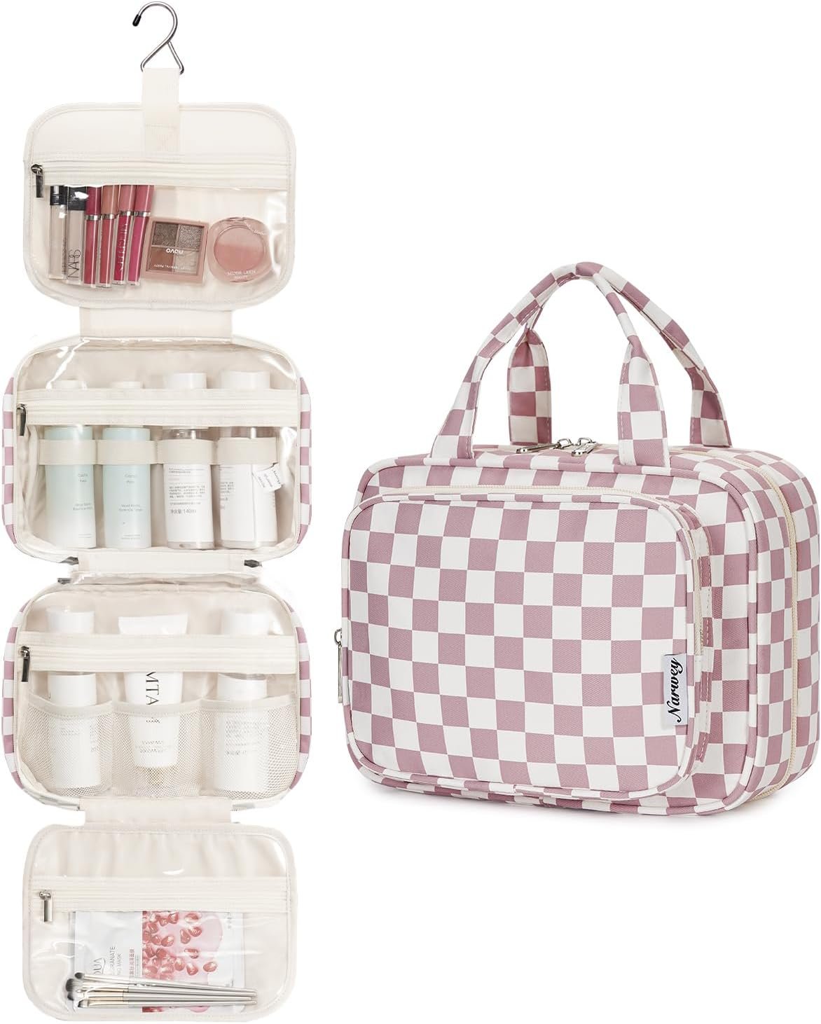 Narwey Hanging Toiletry Bag for Women Travel Makeup Bag Organizer Toiletries Bag for Travel Size Essentials Accessories Cosmetics (Dusty Rose Checkerboard (Medium))