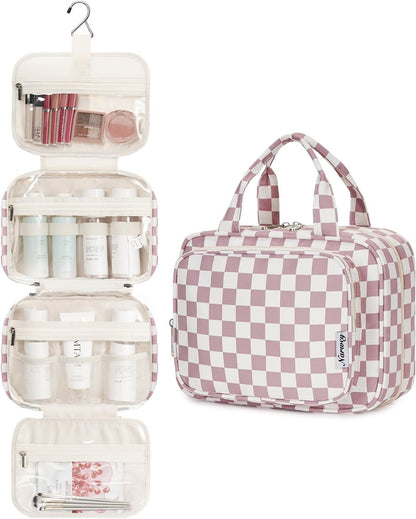 Narwey Hanging Toiletry Bag for Women Travel Makeup Bag Organizer Toiletries Bag for Travel Size Essentials Accessories Cosmetics (Dusty Rose Checkerboard (Medium))