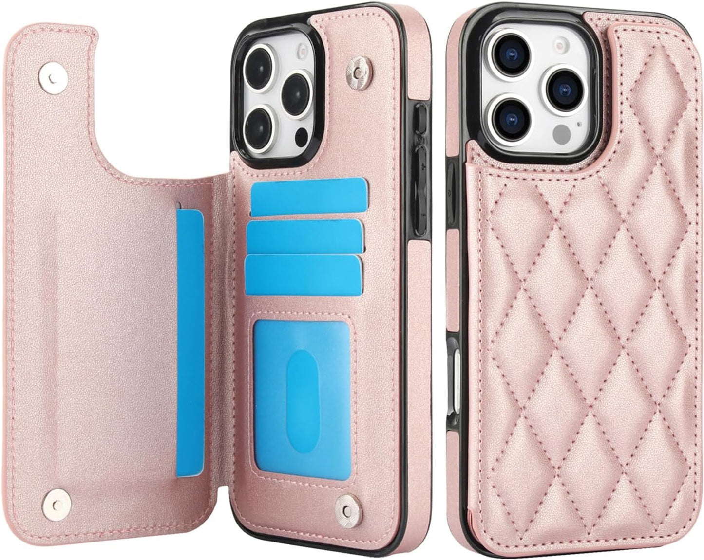 ELEPIK for iPhone 16 Pro Case, Wallet Case with Kickstand, [3 Card Holders] [Military Drop Protection] Durable PU Leather Magnetic Slim Wallet Phone Case for iPhone 16 Pro, Pink