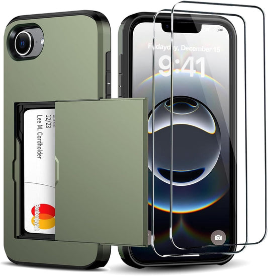 Benbenjaytek for iPhone 16e Wallet Case with Card Holder + 2 Tempered Glass Screen Protector Protective Shockproof Hidden Card Slot Slim Case Women Men for iPhone 16e 6.1"(Deep Green)