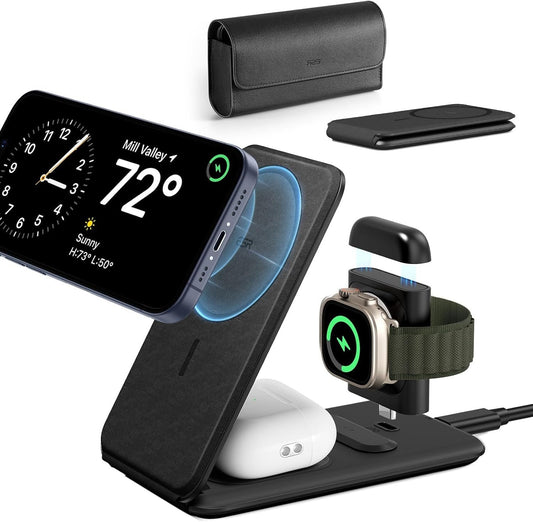 ESR 3-in-1 Travel Charging Station, MagSafe Charger, Made for Apple Watch Certified, Foldable Magnetic Wireless Charger for iPhone 16/15/14/13/12, AirPods Pro 4/3/2, Adjustable 2-Way Stand, Black