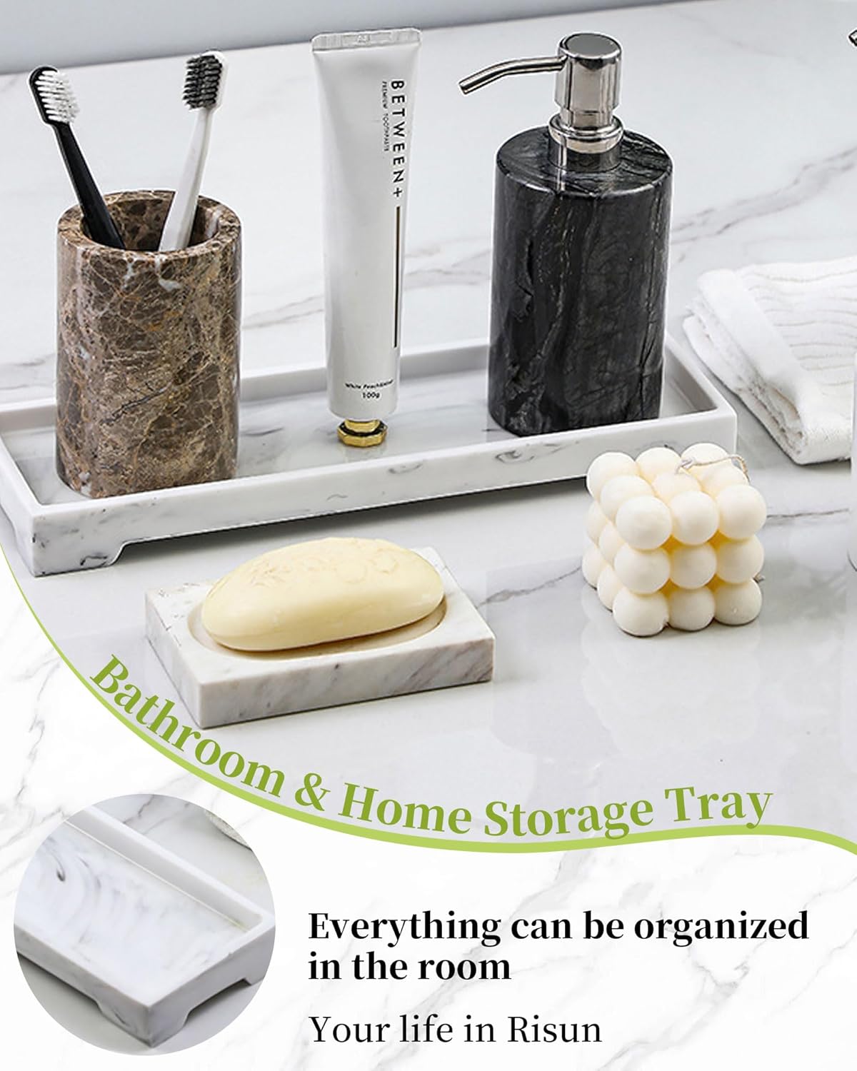 TRMFUSA Marble Resin Bathroom Vanity Tray, 11" x 4" Rectangle, White, Organizer Tray for Soap Dispenser, Perfume, Jewelry, Toilet Tank, Kitchen Sink