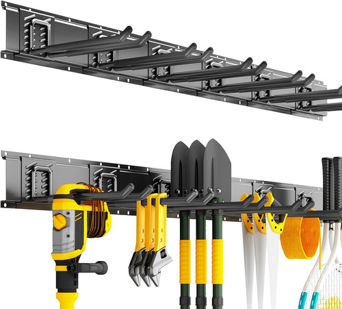 Garage Organization Tool Organizer Wall Mount, 48inch Heavy Duty Garden Tool Storage System, Easy Install With 6 Adjustable Straight Hooks, For Home, Garage, Outdoor, Workshops (Black)