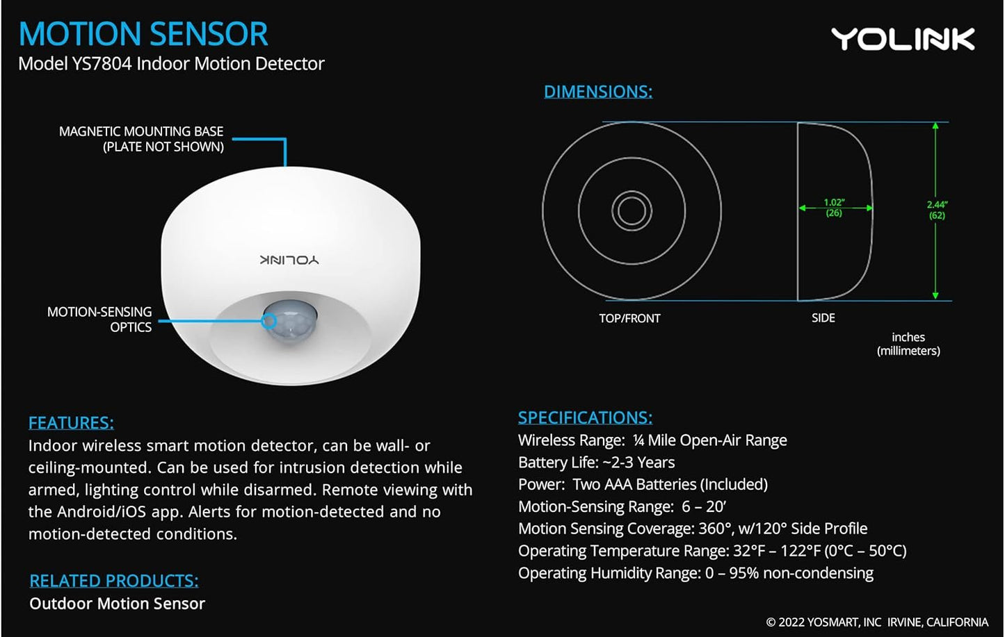 YoLink SpeakerHub & Two Motion Sensor Smart Home Starter Kit – Audio Hub Plays Tones/Sounds, Spoken Messages, LoRa-Powered ¼ Mile Range