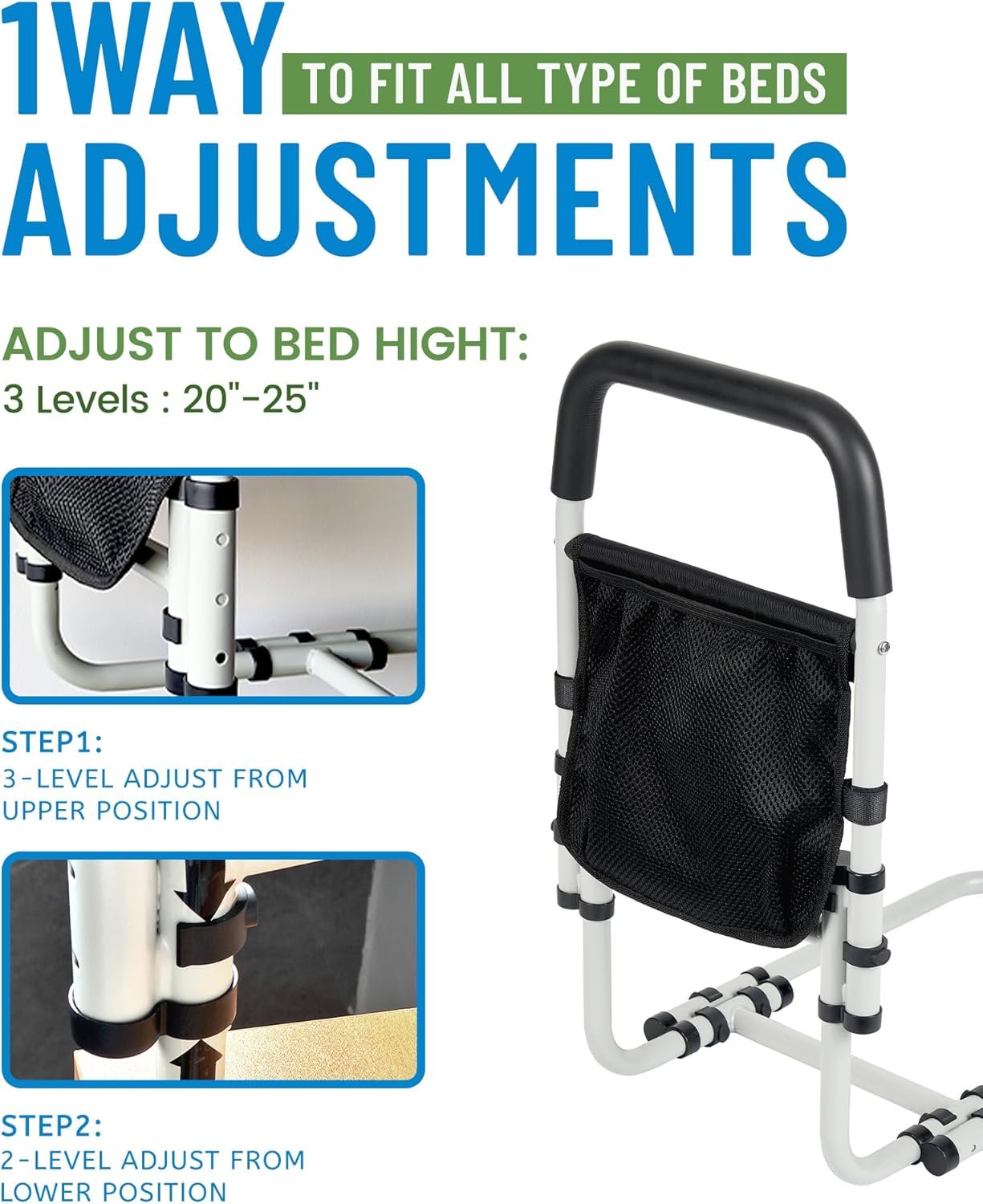 STABASE Bed Rail for Elderly Adults, Adjustable Safety Assist Rail with Storage Pocket, Sturdy Design Supports up to 136 kg, Fits Single, Double, Queen & King Beds, Tool-Free Installation