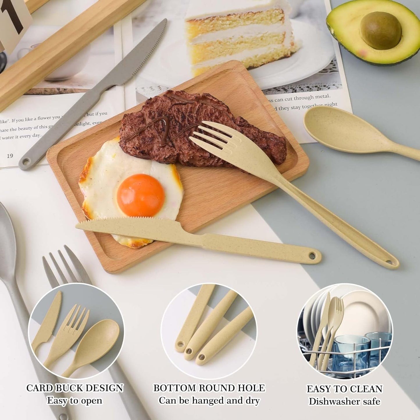 JIABEIUS Large Knives Spoons and Forks Set, 12pcs Reusable Plastic Utensils, Cutlery Set for Lunch Travel School Picnic Camping or Daily Use