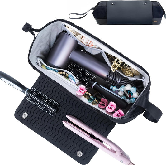 2IN1 Hair Tools Travel Bag with Heat Resistant Mat for Flat Irons, Straighteners, Curling Iron, and Haircare Accessories,Compatible with Revlon One Step Hair Dryer,Revlon Volumizer Hair Dryer Brush