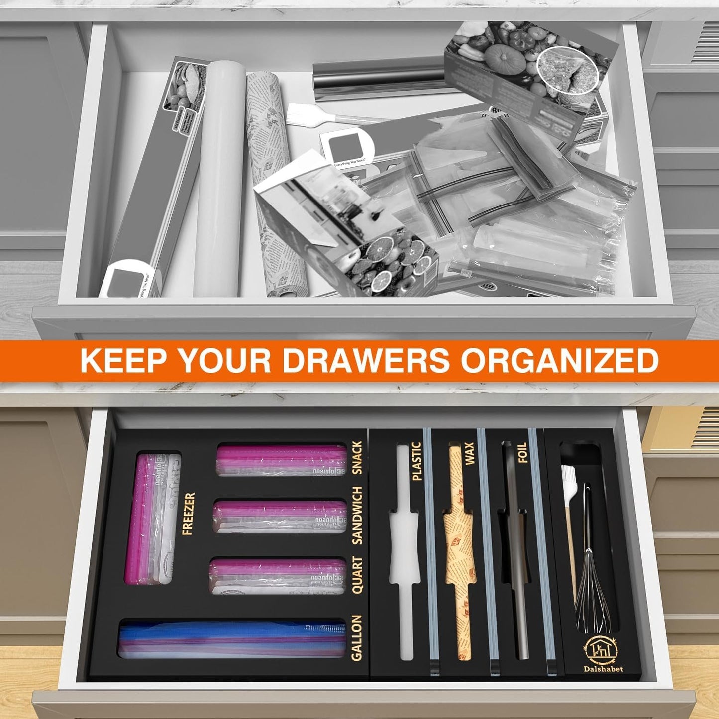 DALSHABET 9 IN1 Bamboo Storage Bag Drawer Organizer with Cutter, Foil and Plastic Wrap Dispenser for Kitchen Storage Compatible with All Brands Gallon, Quart, Sandwich & Snack Size Bags - Black