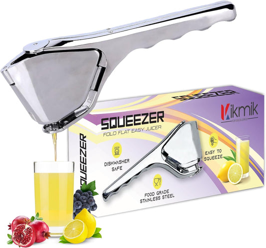 Kikmik Stainless Steel Lemon Squeezer - Handheld citrus Squeeze Manual Juicer with Space-Saving Ergonomics Design & Sideways Pivot for Maximum Juice Yield- (Silver).