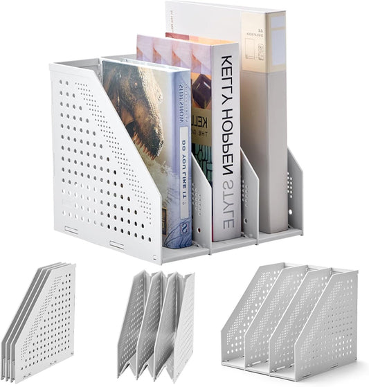 EZWORK Collapsible Magazine File Holder, Desk File Organizer with 3 Vertical Compartments for Office Desktop, Home Workspace Organization and Storage, Gray
