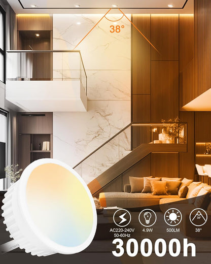 YindaLux 6 x Dimmable LED Module Diameter 50 x 23 mm for Recessed Downlights 4.9W 500LM 3CCT Warm White 3000K Neutral White 4000K Cool White 6500K IP44 120° Module Replaces GU10 MR16 Bulbs