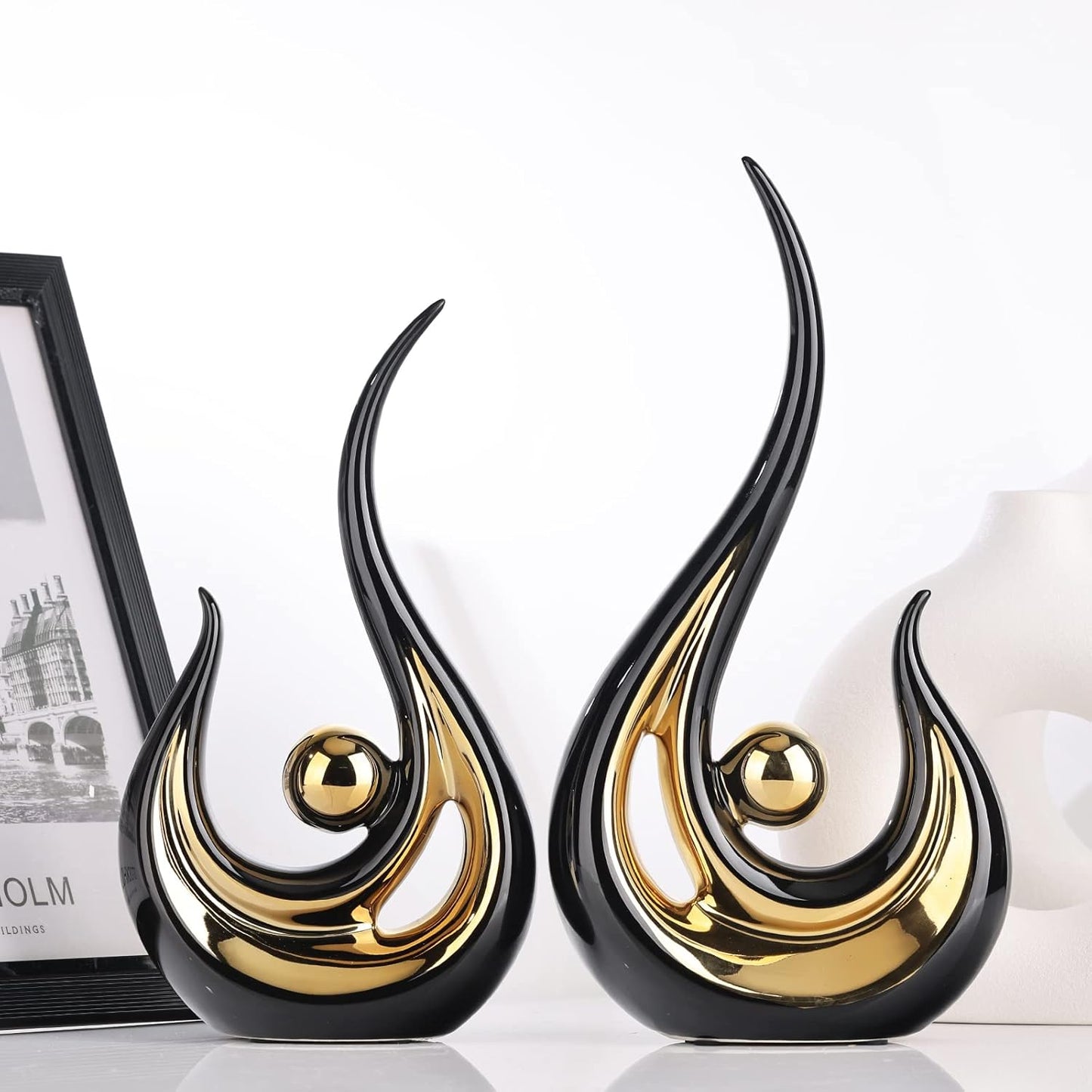 XMGZQ Black and Gold Ceramic Abstract Art Decor, Modern Abstract Flame Shape Statue for Home, Office, Dining Room