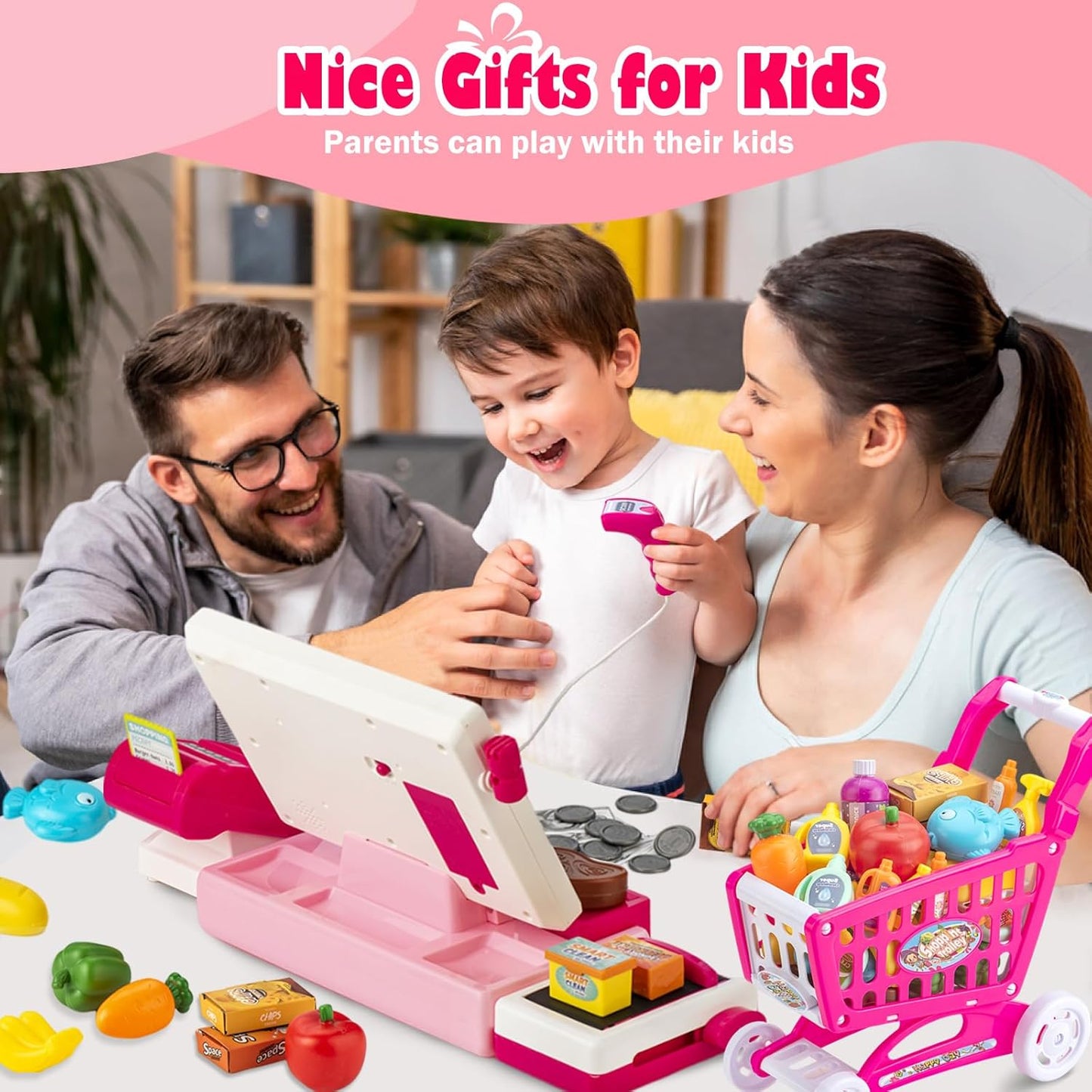 Interactive Kids Cash Register Toy - Educational Pretend Play Store Set with Shopping Cart, Includes Music, Real Calculator & Scanner - Ideal Birthday Gift for Girls & Boys Ages 3-8 (Red-Pink)