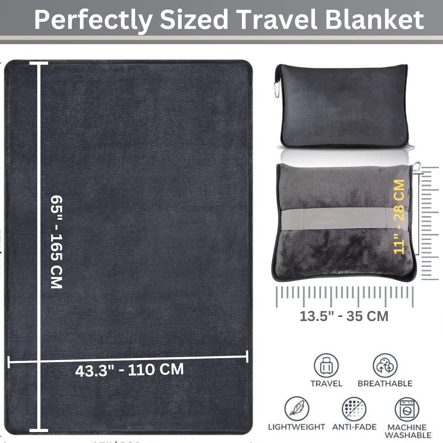 Travel Blanket Airplane Compact with Bag - Packable 2 in 1 Pillow and Blankets Set - Flight Organizer & Travel Essentials with Luggage Sleeve Pockets & Backpack Clip - for Plane, Car, Camping & Home!