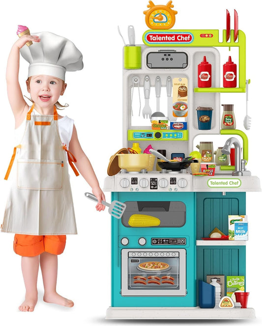 Kids Kitchen Playset for Toddler with Sound & Light, Cooking Stove with Steam, Play Sink and Toy Kitchen Accessories for Toddlers Kids Boys Girls (Green)