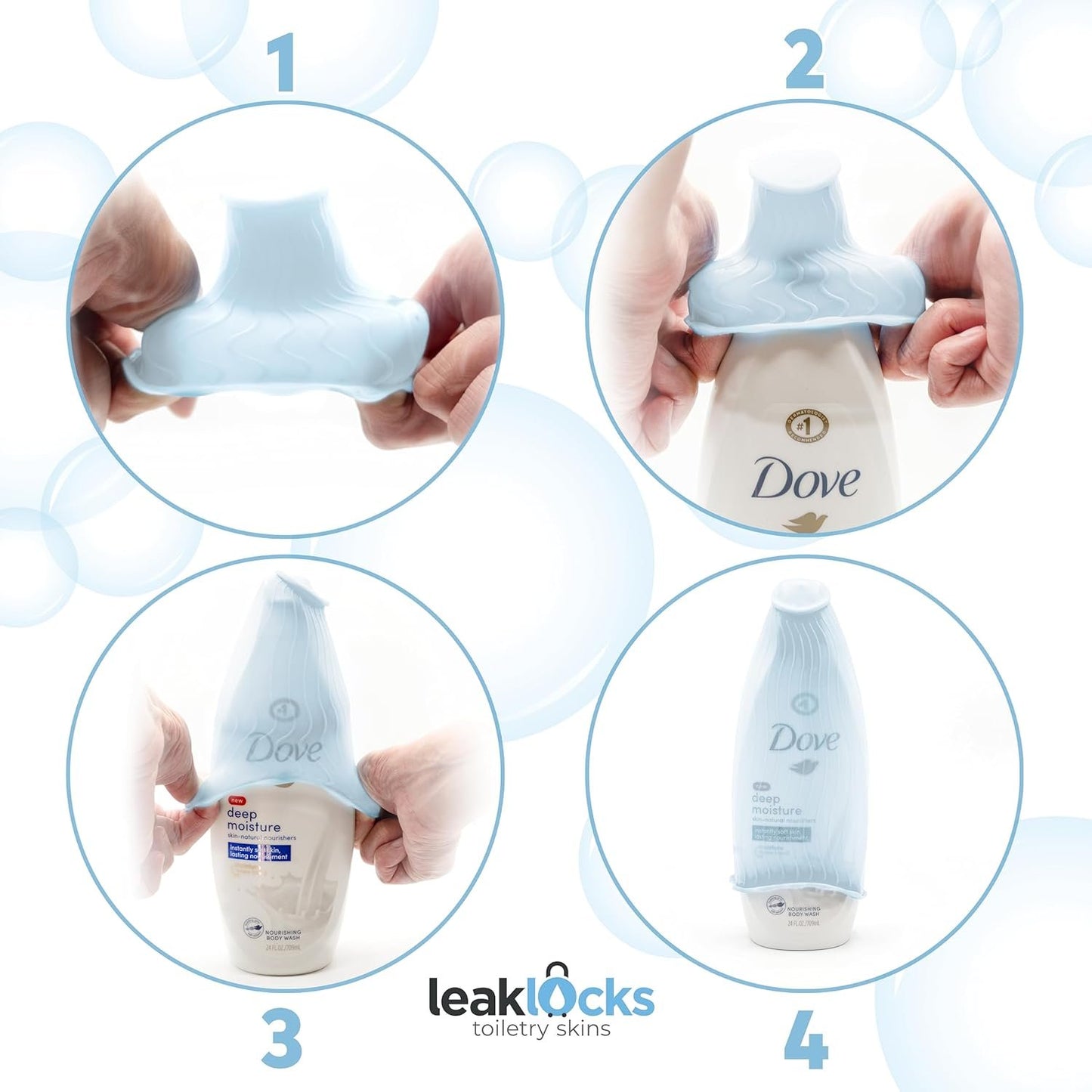LeakLocks® Toiletry Skins™ Elastic Sleeve for Leak Proofing Travel Container in Luggage. For Standard and Travel Sized Toiletries. Reusable Accessory for Travel Bag Suitcase and Carry-on Luggage, 4 pk