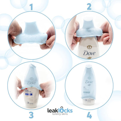 LeakLocks® Toiletry Skins™ Elastic Sleeve for Leak Proofing Travel Container in Luggage. For Standard and Travel Sized Toiletries. Reusable Accessory for Travel Bag Suitcase and Carry-on Luggage, 4 pk