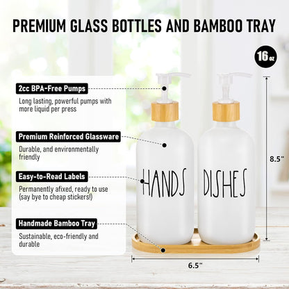Hand and Dish Soap Dispenser for Kitchen by Brighter Barns - White Kitchen Soap Dispenser Set with Tray - Farmhouse Glass Soap Dispenser - Cute Housewarming, Wedding, Boho Home Decor