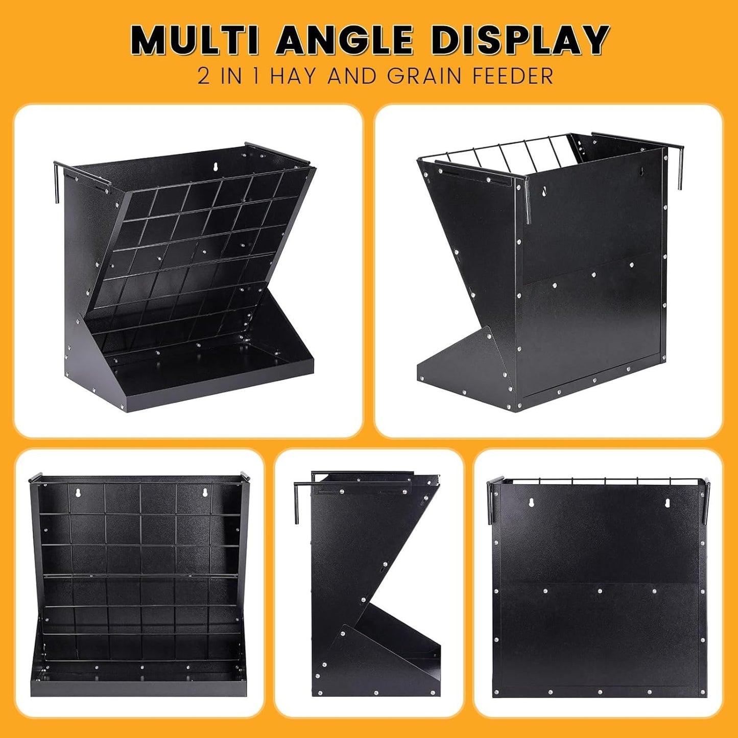 PAUQRWIE 25 Gallon 2 in 1 Hay and Grain Feeder for Goats, Sheep, Alpaca, Horse, Cattle, Livestock - Black Carbon Steel Wall Mount Hay Rack with Detachable Grain Tray - Adult
